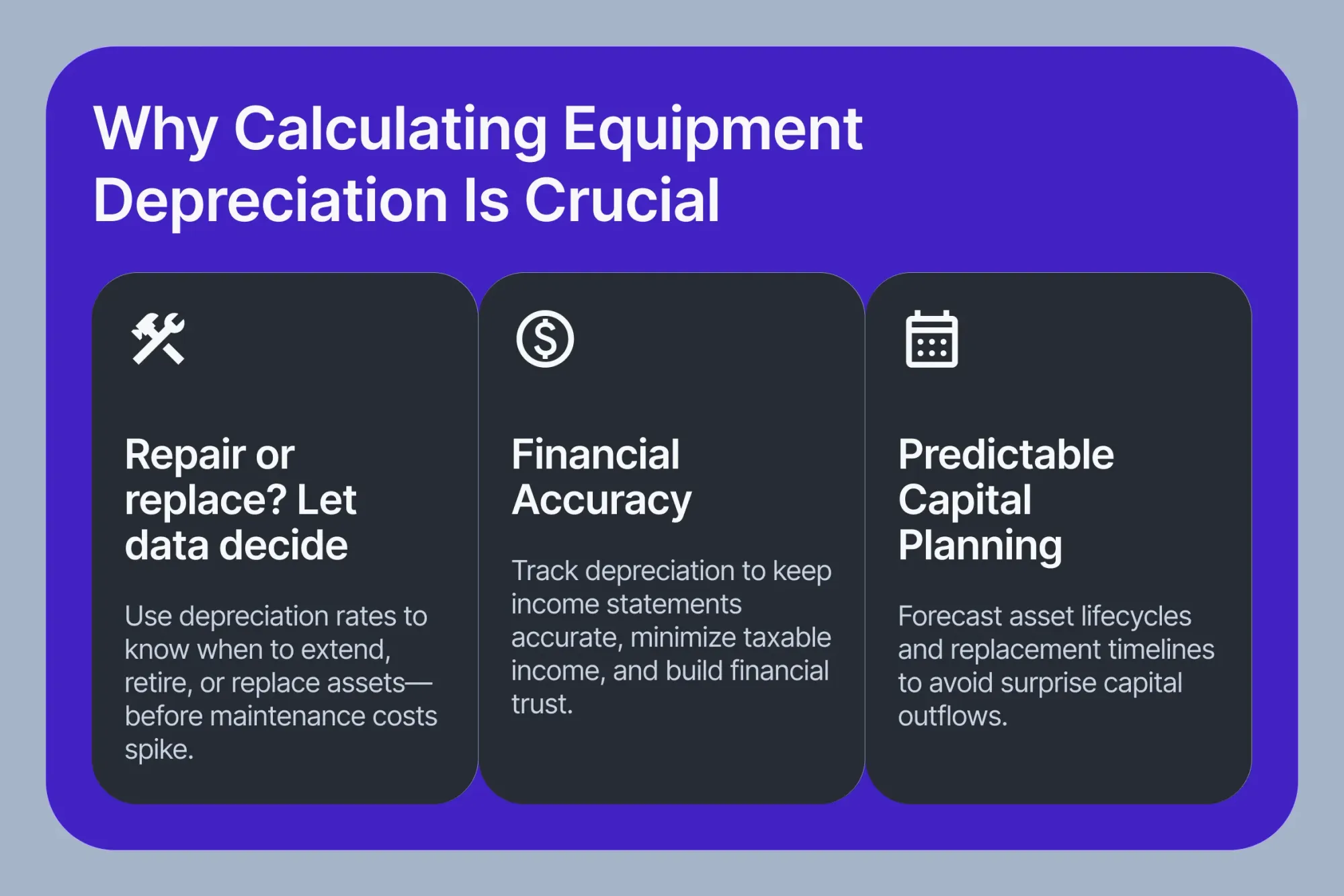 Three key benefits of calculating equipment depreciation: data-driven repair/replace decisions, financial accuracy, and predictable capital planning.