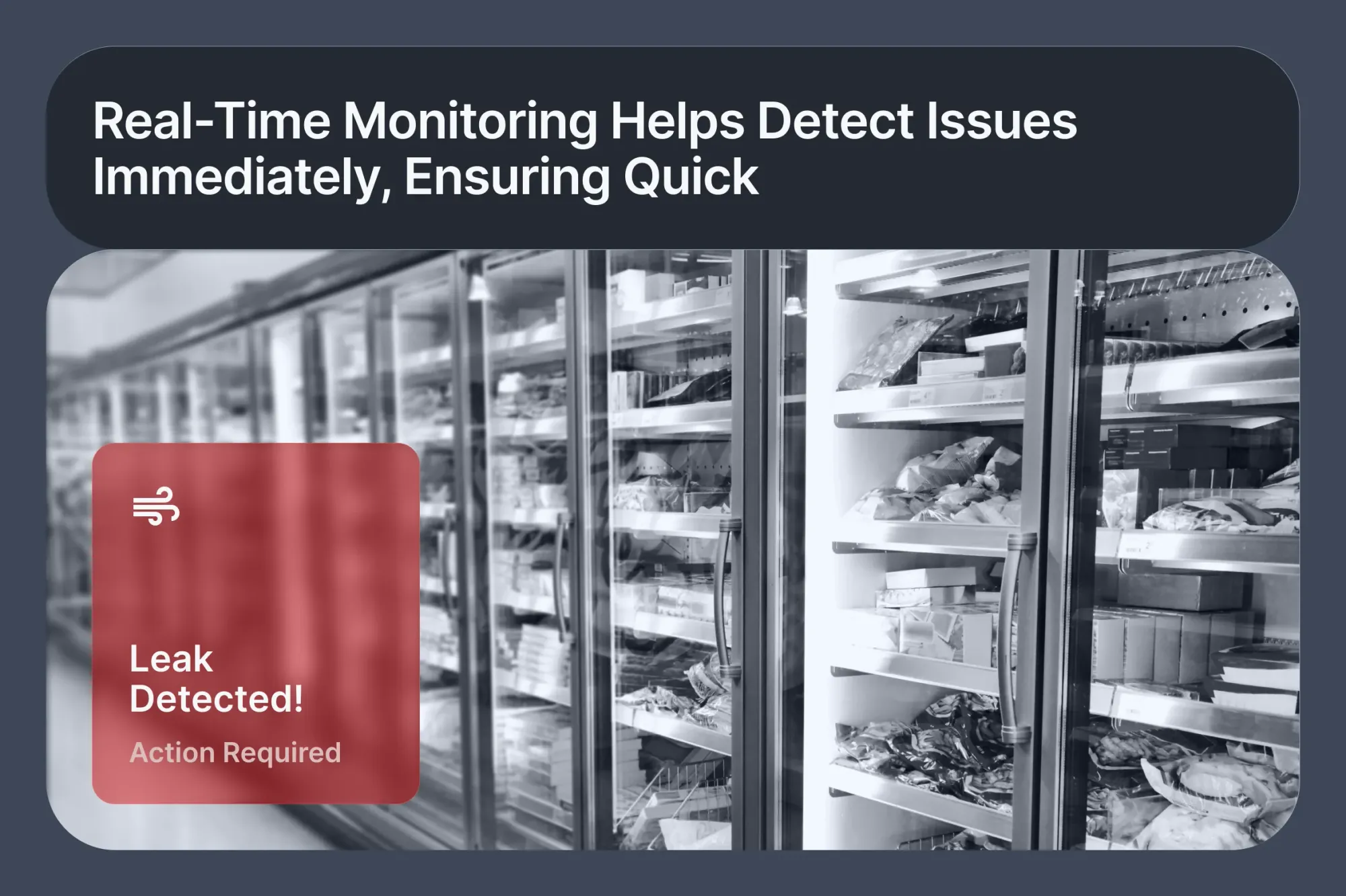 Connected refrigeration software detecting refrigerant leak in retail freezer unit with compliance alert