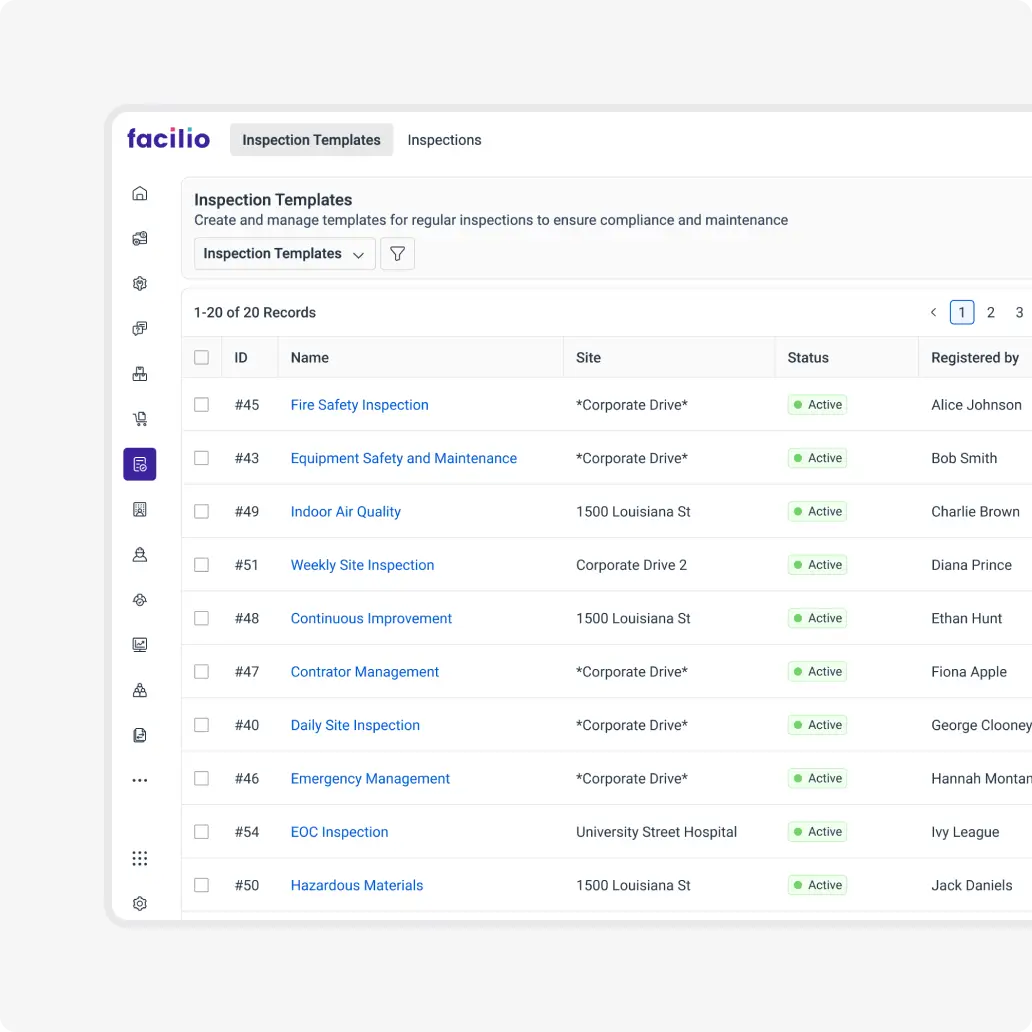 Facilio’s digital inspection templates for fire safety, equipment maintenance, and air quality, enabling consistent and efficient facility inspections.