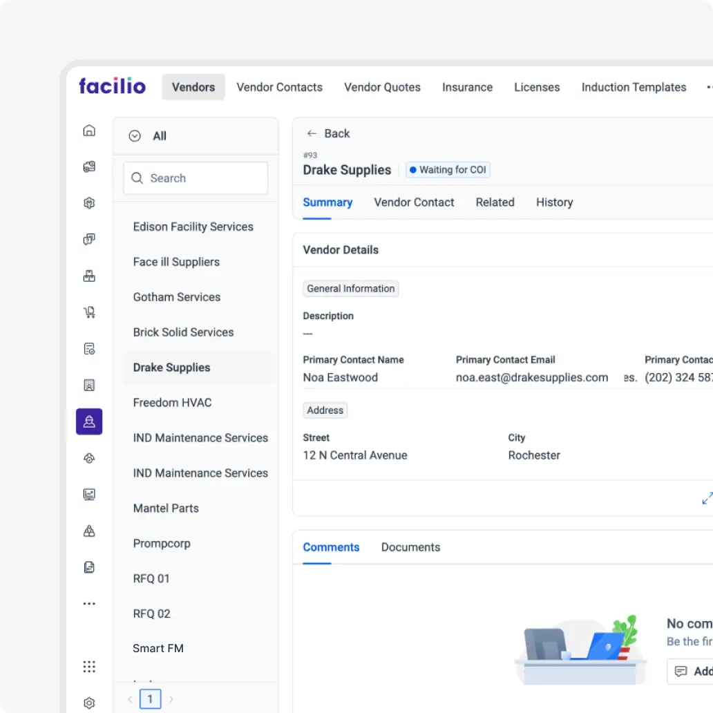 Vendor contact and compliance details centralized in Facilio’s vendor onboarding system for facilities management